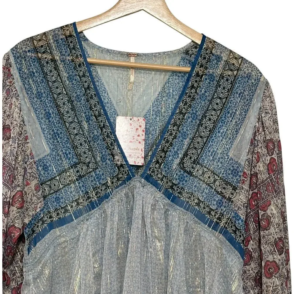 Free People Bohemian Aliyah Printed Long Sleeve Sheer Tunic Top (S)